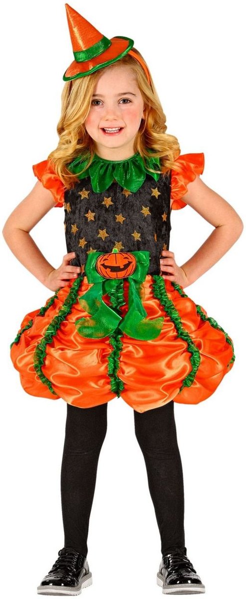 Pompoen Kostuum | Gruwelijk Grijnzende Pompoen Heks | Meisje | Maat 104 | Halloween | Verkleedkleding